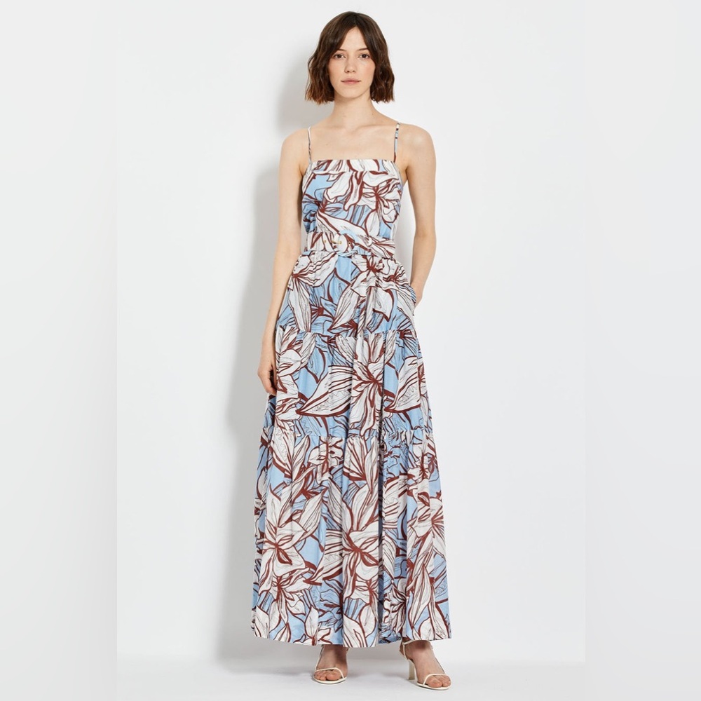 Nicholas the Label Julie Poplin Maxi Dress Mocha Etched Floral Sz 4 Garden